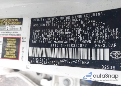 2014 Toyota Camry Le from USA, damaged, VIN 4T4BF1FK9ER392077